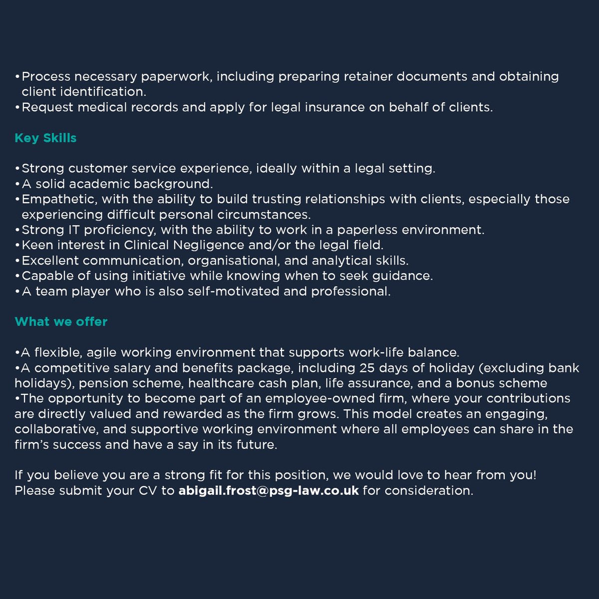 We’re hiring! 📣

Price Slater Gawne is looking for a talented and motivated New Client Liaison to join our growing team.

If you’re interested in applying, we’d love to hear from you! Please submit your CV to Abigail.frost@psg-law.co.uk for consideration.