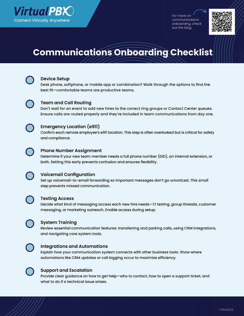 VirtualPBX's tweet image. Phones ✅ 
Texts ✅ 
Voicemail ✅
Our communication onboarding checklist helps new hires hit the ground running. Read the blog → ow.ly/CPxg50XmPZ4

#EmployeeOnboarding 
#OnboardingChecklist 
#CommunicationsOnboarding
#SMBSuccess