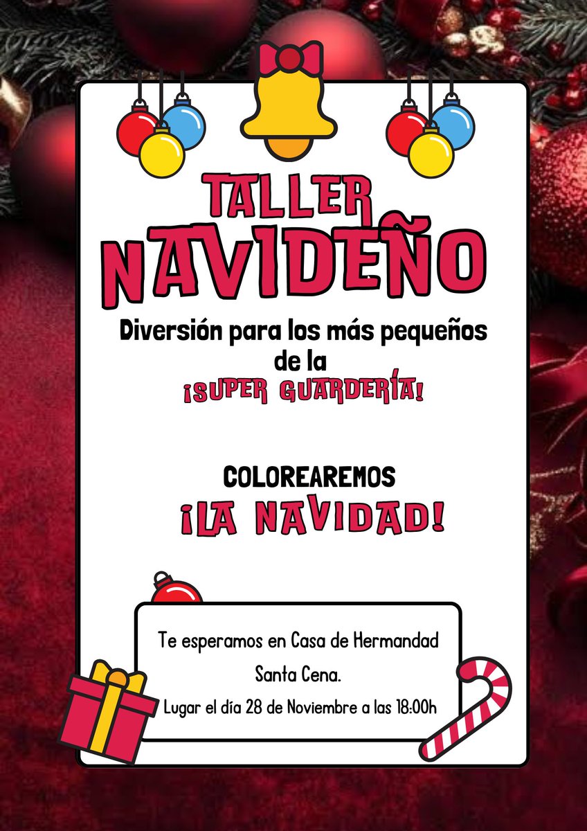 🎄✨ ¡Llega la magia de la Navidad! ✨🎄

La Hermandad de la Santa Ceba invita a nuestra súper guardería y a todos los más pequeños a participar en nuestro Taller Navideño, donde ¡colorearemos la Navidad y pasaremos una tarde llena de diversión y alegría! 🎨