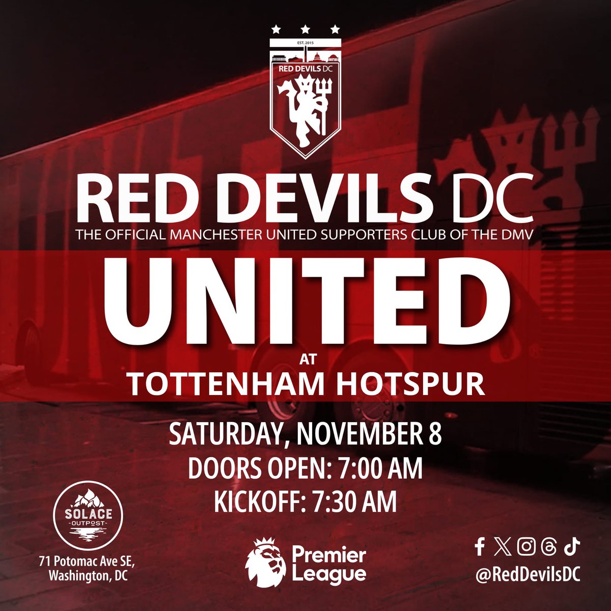 RedDevilsDC's tweet image. One of only 3 weekend matches until 2026.
Final one before the break. Revenge for the Europa League final.

United vs Spurs
Saturday, Nov 8 | 7:30 AM KO
Doors 7 | @solacebrewing

#RedDevilsDC #MUFC #UTFR #MyPLMorning