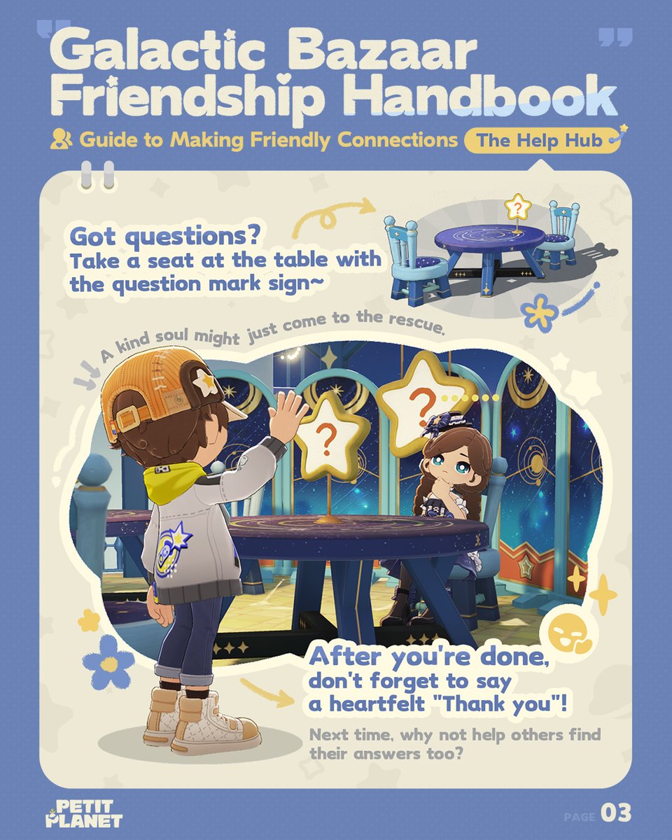 PetitPlanetGame's tweet image. Here&apos;s Your Galactic Bazaar Friendship Handbook! （1/2）

At the Galactic Bazaar, you can...
Find a quiet nook to have a good natter with someone, dance your heart out on stage, or spin the wheel for a magical prize.
There&apos;s always something here worth stopping by for!

GALACTIC…
