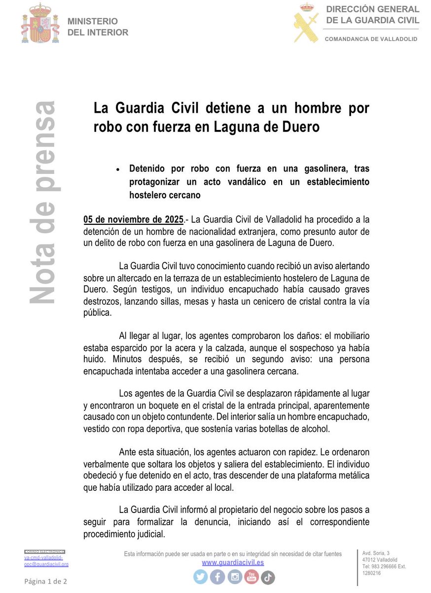 🚨La Guardia Civil detiene a un hombre por robo con fuerza en una gasolinera ⛽️ en Laguna de Duero,tras protagonizar un acto vandálico en un establecimiento hostelero cercano🚔🆘0️⃣6️⃣2️⃣☎️