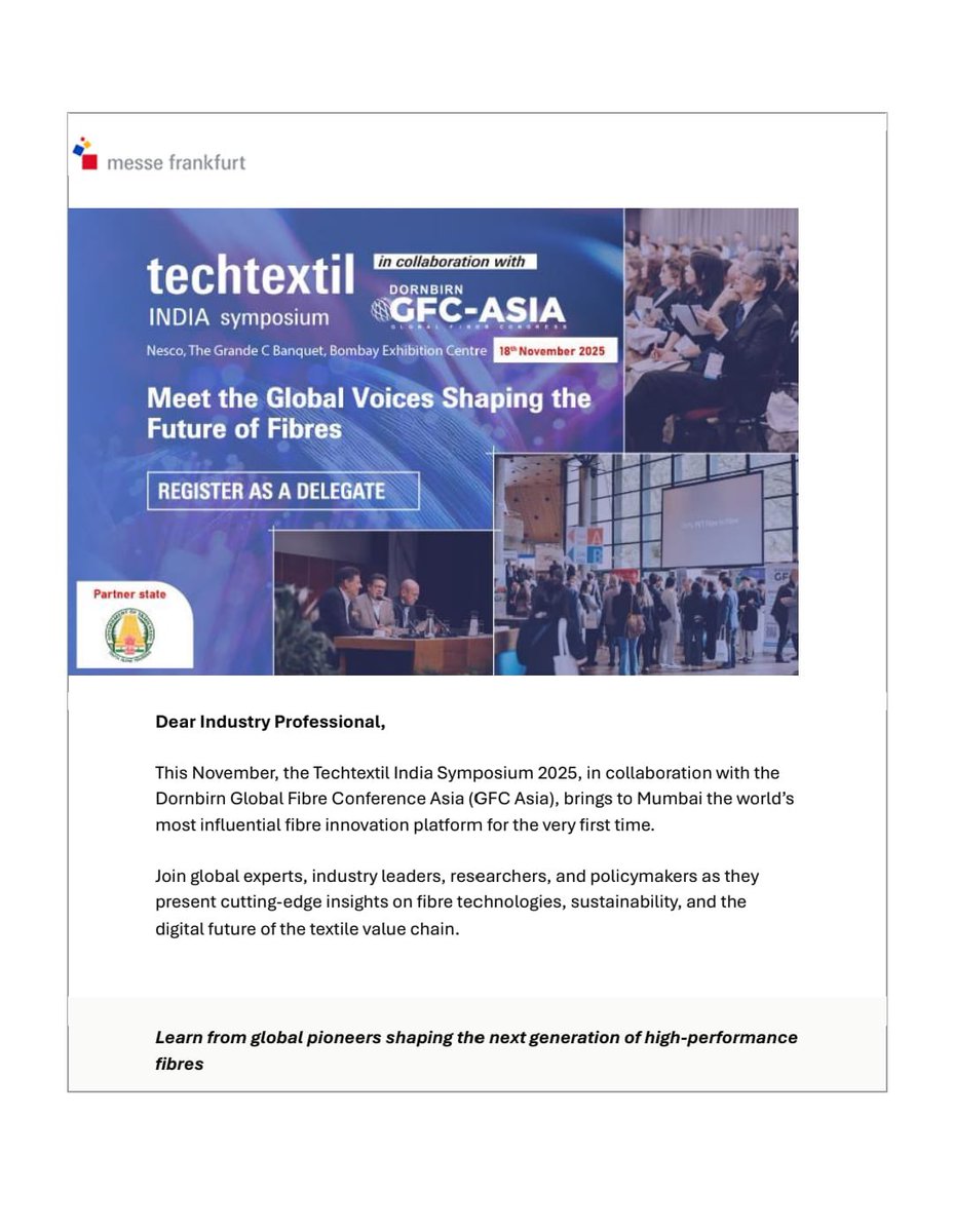 TBadlapur's tweet photo. The #GenZ of #MSME ‘s of Textile Association of Badlapur (TAB) is proud to be associated with @techtextilindia @messefrankfurt 19-21th Nov.,register free.

On 18th Nov, one full day global fiber congress is organised, delegation fee for this is ₹ 10000/-. https://t.co/BHJ5uCZjLq