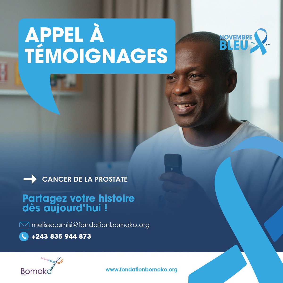 FondationBomoko's tweet image. 🎗️#NovembreBleu, mois du courage, de la prévention et des témoignages pour briser le tabou. 

Vous avez vaincu le cancer de la prostate ? Vous avez accompagné un proche vivant ou décédé de suite de cette maladie ? Ou simplement choisi le dépistage à temps ? 💙

Votre voix peut…