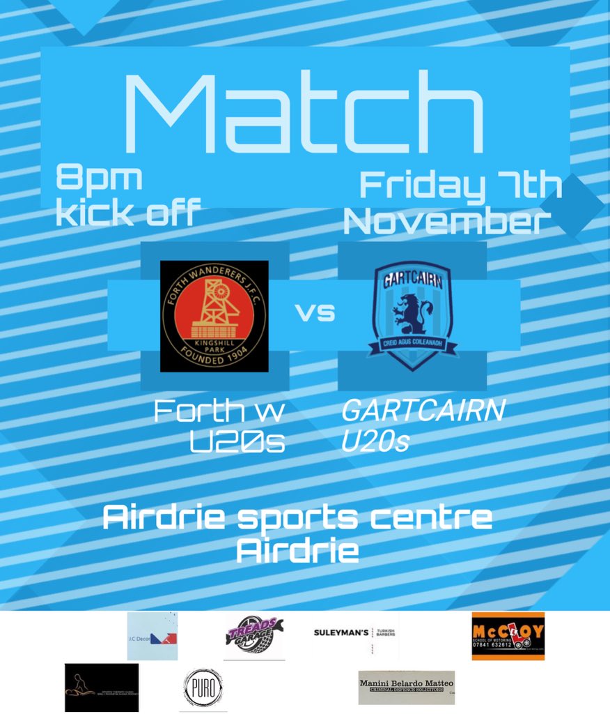Friday night see us travel a very short distance to Airdrie sports centre 
Park 
 Away to  <a href="/ForthWand20s/">Forth Wanderers U20’s Development Squad</a> in <a href="/OfficialWoSFDL/">West of Scotland Football Development League</a> 
Conference A League

Details below 
Get along to support the boys .🩵🤍

⏰8.00pm kick off 
🏟️Airdrie sports centre 
Airdrie