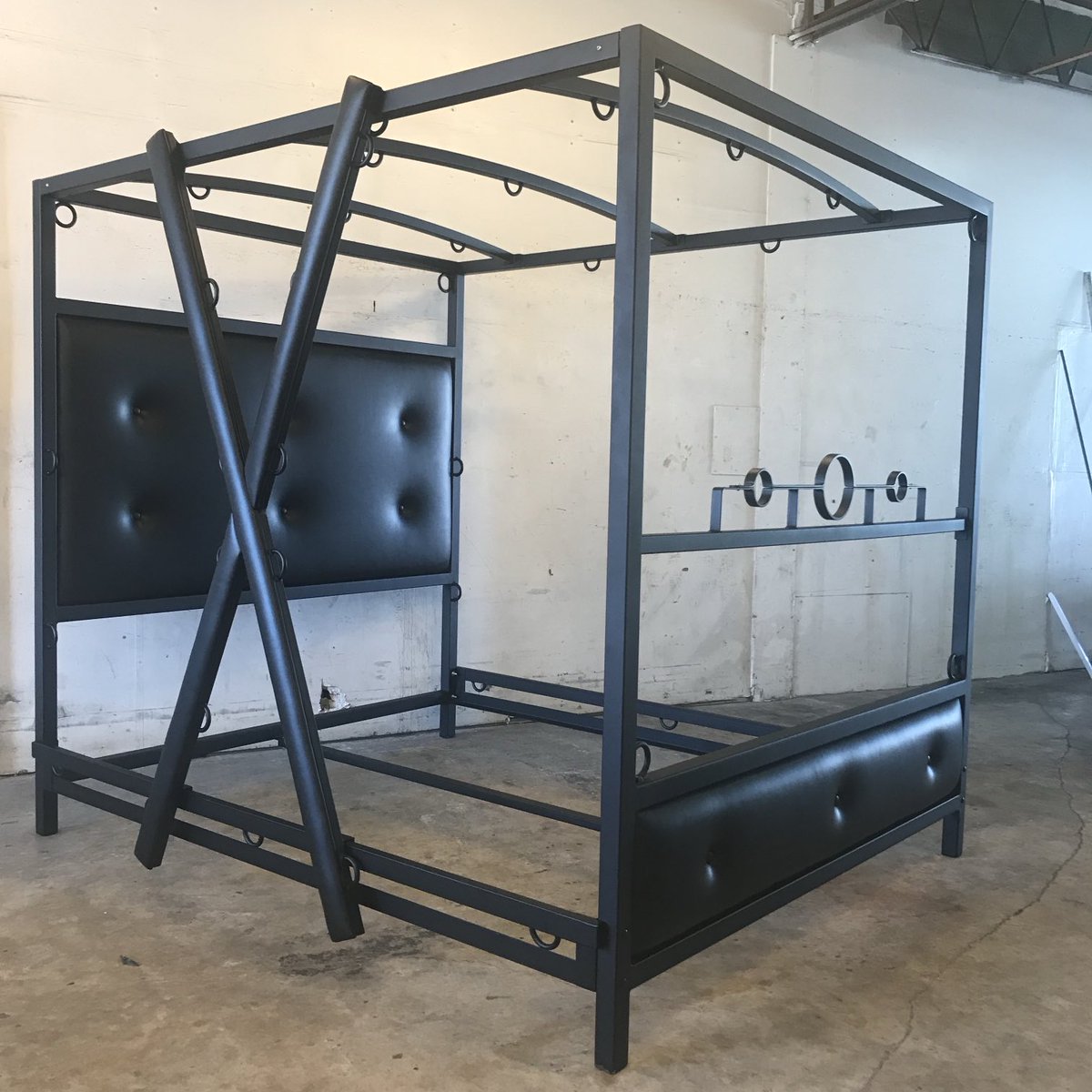 Metalbound's tweet image. Custom Bondage Bed by Metalbound — with a removable stockade &amp;amp; Saint Andrew’s Cross. Built to order, fully customizable, handcrafted metal perfection. Explore more or email Metalbound@gmail.com ⚙️ metalbound.com￼ #bondagefurniture #custommetalwork
