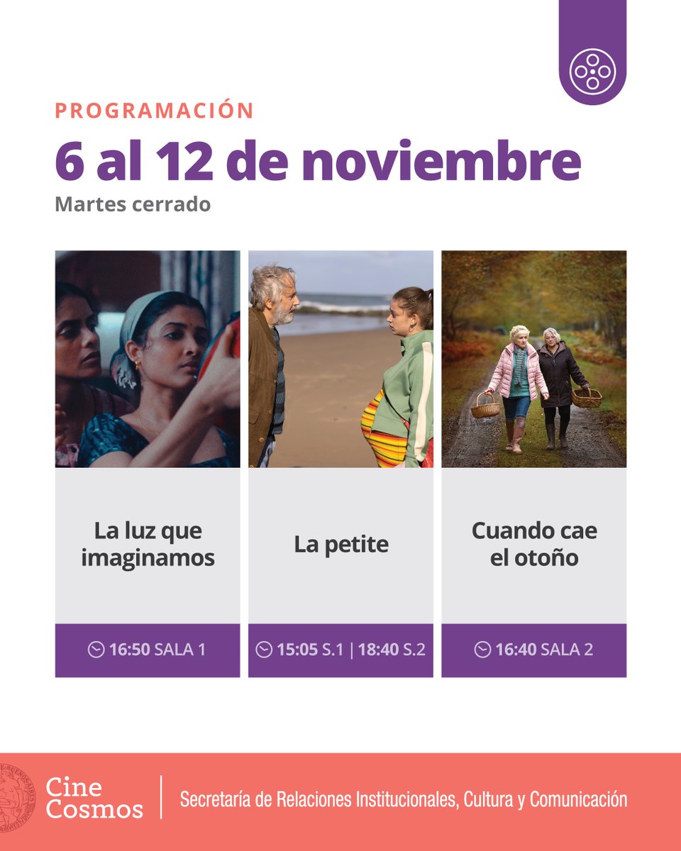 🗓️ ¡Agendá la  #CarteleraCosmosUBA! – del 6 al 12 de noviembre!

📍 Av. Corrientes 2046 
🎟️ Entradas en boletería el mismo día de la función
🎬 ¡Vení al #CosmosUBA! 

📲Mirá toda la info en cinecosmos.uba.ar