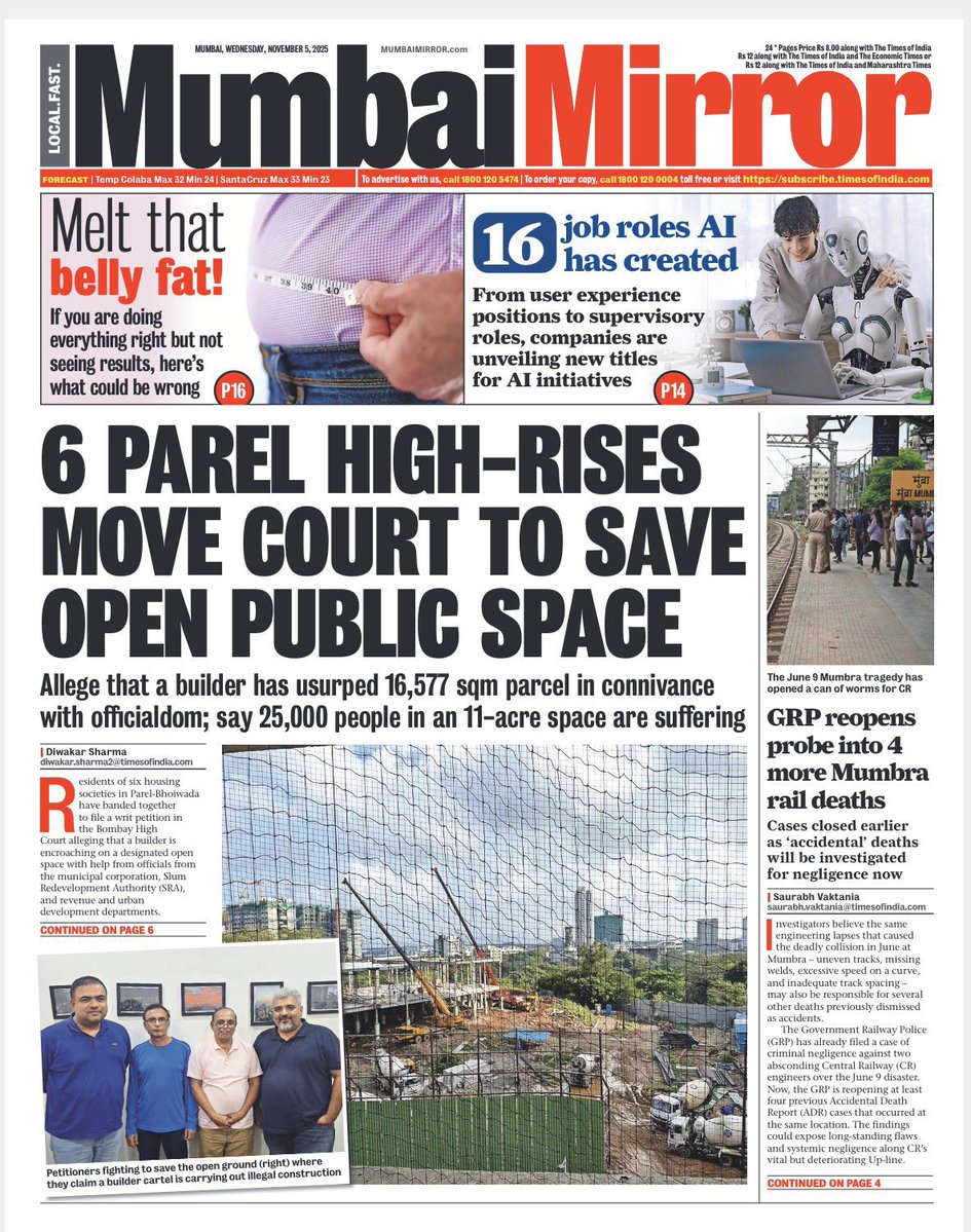 Residents of Parel move court to save open spaces. The story is familiar. The former BMC Commissioner Subodh Kumar lamented that the tragedy of Mumbai was that its leaders only think of it as real estate and FSI. 
Kudos to the residents. Well done.