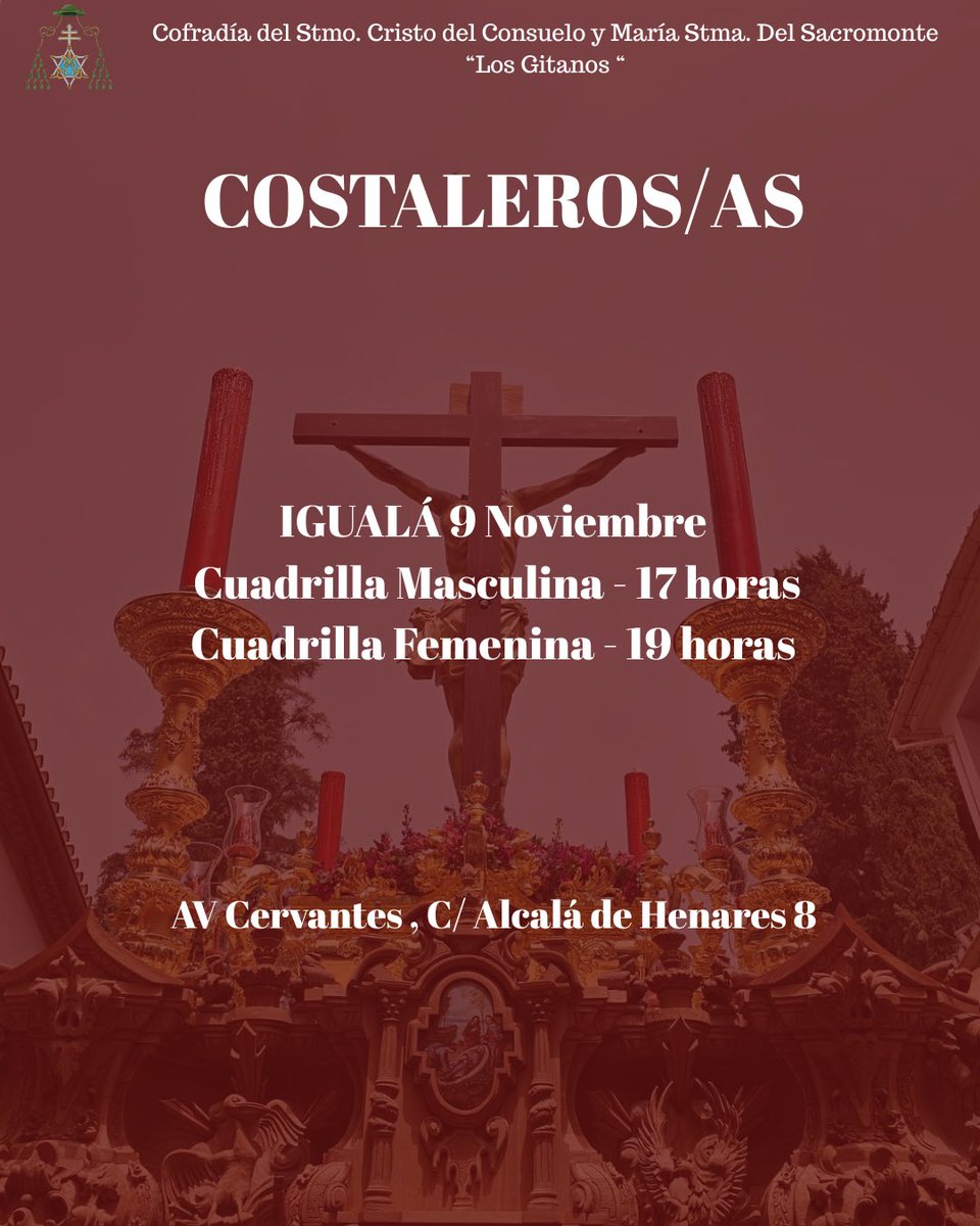 #Cuadrillas | IGUALÁS DE COSTALEROS Y COSTALERAS

La Cofradía convoca las igualás de las cuadrillas de costaleros y costaleras.

#consueloysacromonte#abadiadelsacromonte #miercolesdegitanos  #miercolessanto  #cofradiadelconsuelo