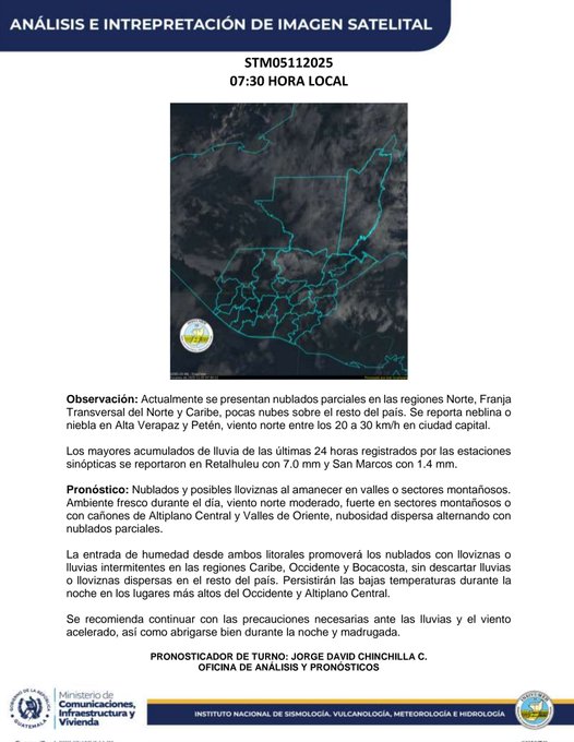 A technical document titled AnÃ¡lisis e InterpretaciÃ³n de Imagen Satelital dated 07:30 on 05/10/2025 with INSIVUMEH logo at top. It includes a satellite image map of Central America showing cloud formations over northern Honduras Belize and northern Guatemala with color-coded regions for low pressure areas and dispersed clouds. Text sections describe observed low pressure zone with associated cloudiness moving south at 20 to 30 km/h causing moderate short-duration rains in the north light rains in central and western areas high temperatures of 32 to 36 degrees Celsius in eastern central and southern zones and recommendations for monitoring forecasts and precautions against possible rains. Signatures from forecasters Jose Daniel Chigala C and Veronica del Carmen Garcia D appear at bottom along with institutional logos.