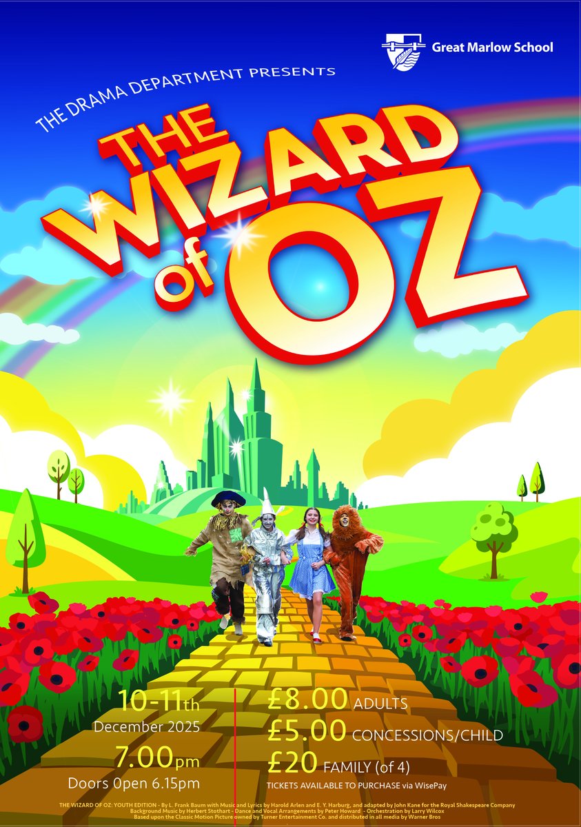GMS Drama dept. are excited to announce their Xmas production 'The Wizard of Oz' is on 10th/11th Dec.
Please see website for details on how to purchase tickets etc. gms.bucks.sch.uk