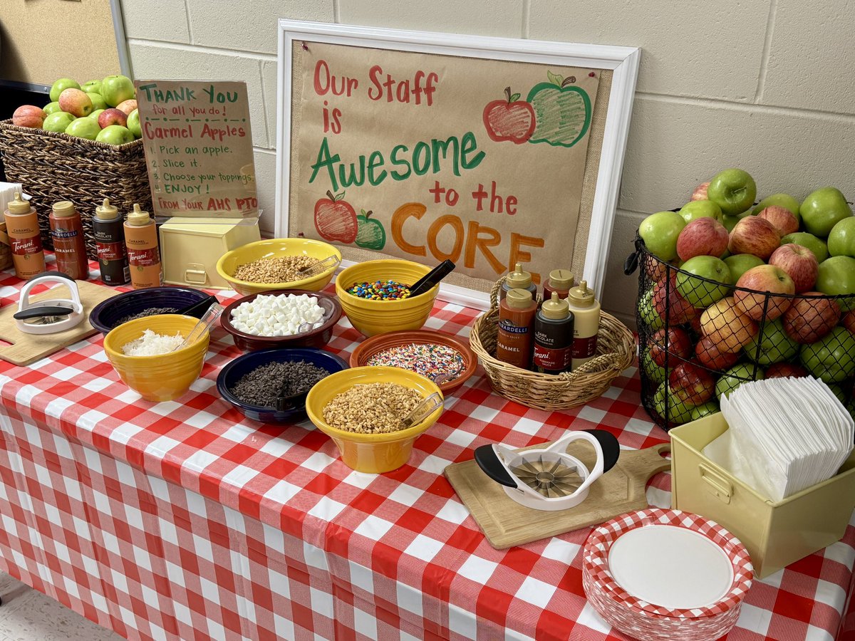 AHSPTO's tweet image. Our @AndersonRaptors staff is awesome to the core! 🍎We celebrated them on their PD day with a sweet caramel apple bar 🍏 #AHSisFamily #StaffAppreciation