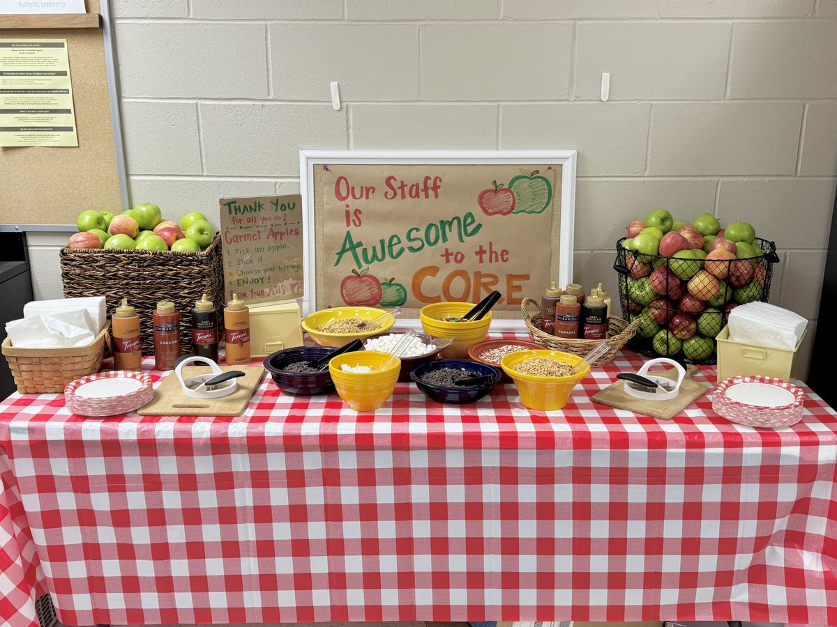 AHSPTO's tweet image. Our @AndersonRaptors staff is awesome to the core! 🍎We celebrated them on their PD day with a sweet caramel apple bar 🍏 #AHSisFamily #StaffAppreciation