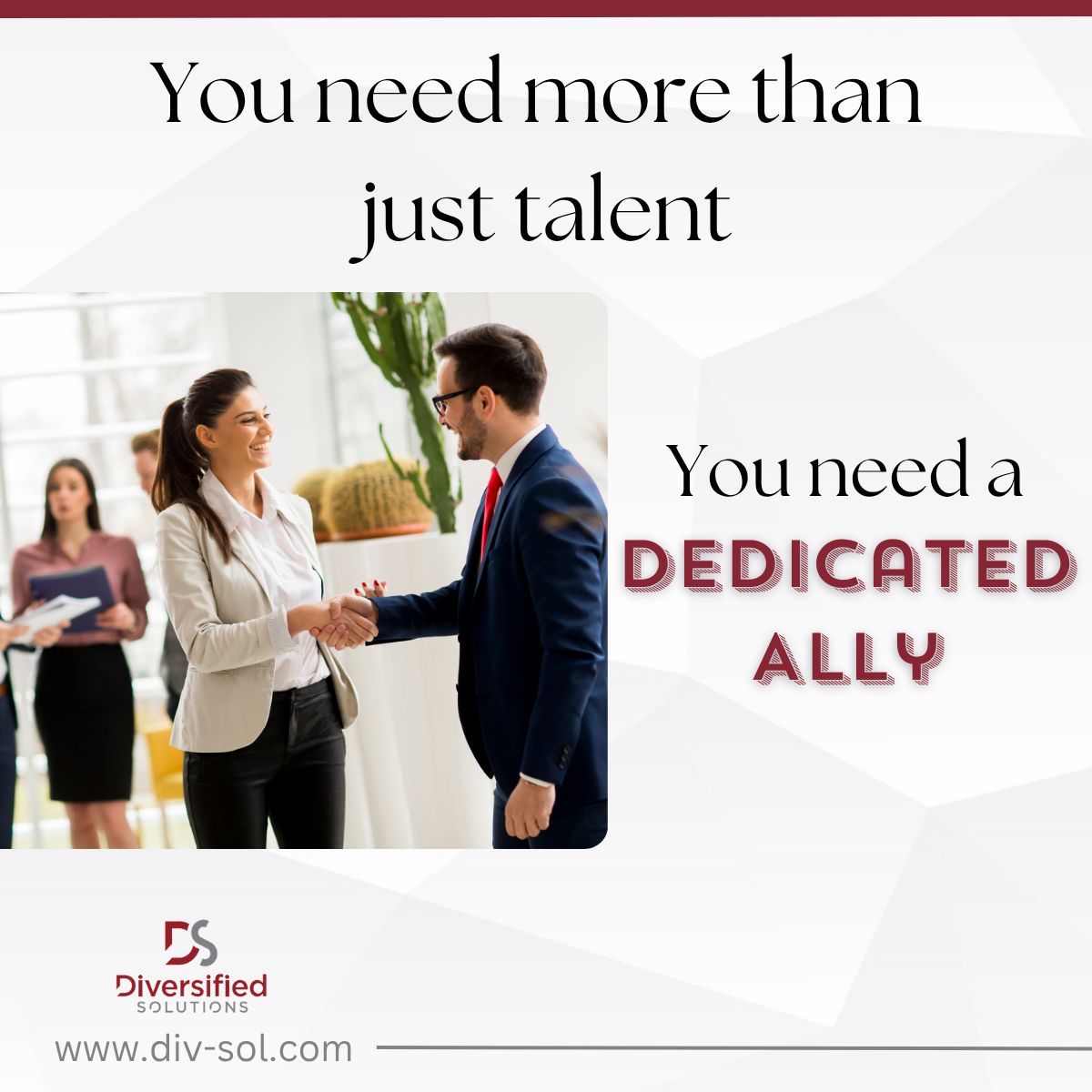 div_sol's tweet image. When you partner with Diversified Solutions, you gain a trusted ally - someone invested in your success and committed to helping you build the team that drives it.

Learn more at div-sol.com.

#Partner #Success #Recruiting