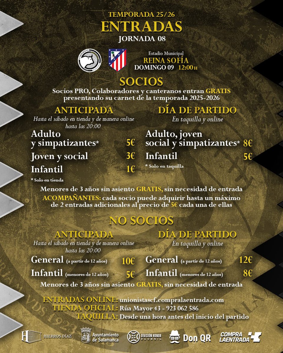 ⚽ 𝗛𝗢𝗥𝗔𝗥𝗜𝗢 𝗖𝗢𝗡𝗙𝗜𝗥𝗠𝗔𝗗𝗢 | Este domingo, octava jornada para el Juvenil A. 

🆚 <a href="/AtletiAcademia/">Atleti Academia</a>
📅 Domingo 9 de noviembre 
🕦 12.00 horas
🏟️ Estadio Reina Sofía 
ℹ️ Info de entradas:  unionistascf.com/informacion-de…

¡Os esperamos! 

#ConstruyendoUSCF🏗️