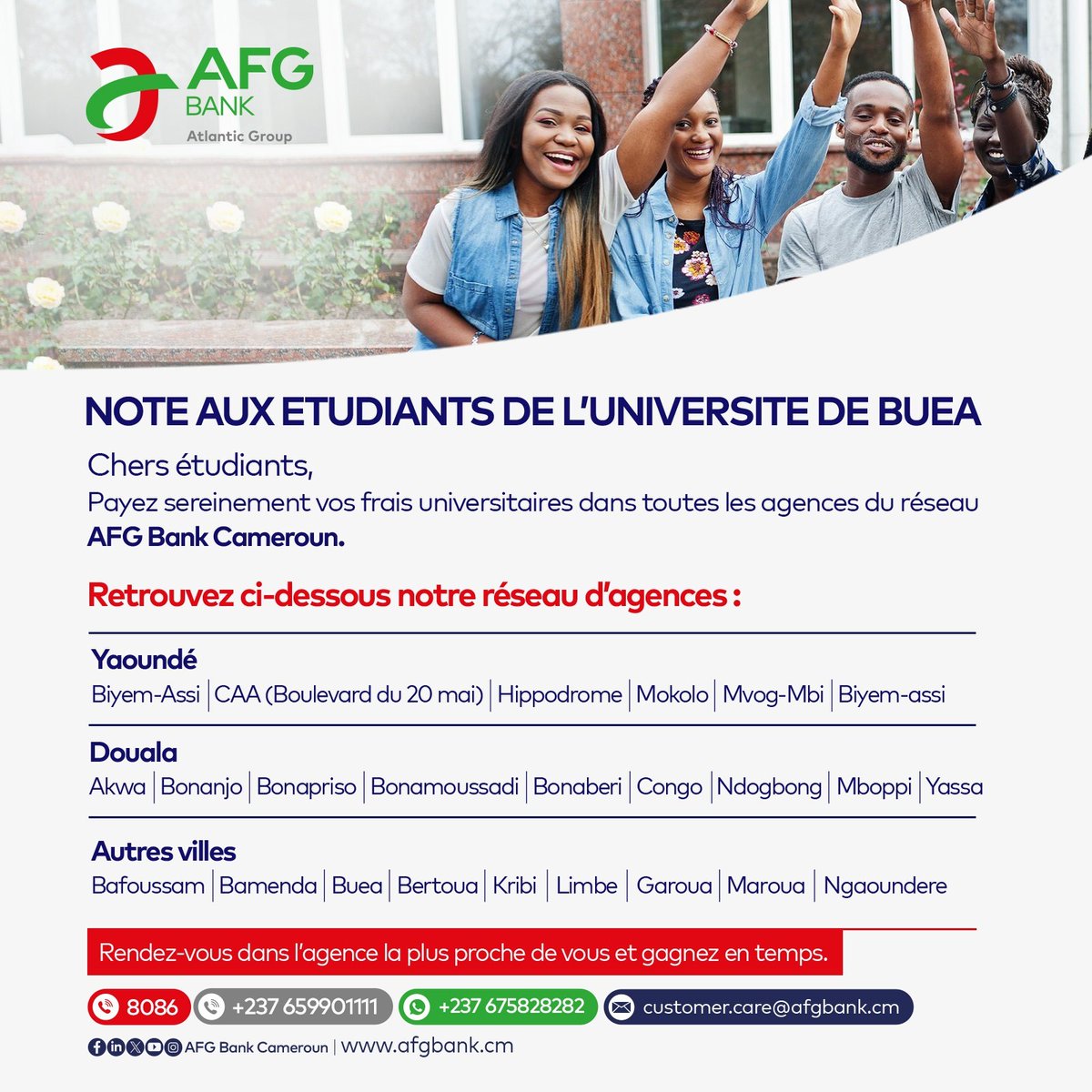 AFGBankCameroun's tweet photo. 🎓 Vous êtes étudiant(e) à l’Université de Buéa ou avez des proches qui y étudient ?
Payez vos droits universitaires directement dans nos guichets.
#Scolarship #UBFees #Scolarité #AFGBankCameroun #UB #EtToutDevientPossible https://t.co/23pd8QCIDz