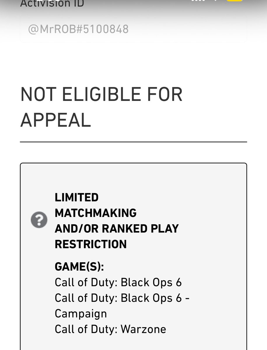 I switched to PC 6 months ago after 2 years on Xbox, I've reached the Top 250 several times, and today marks one month since I was banned.  And the best part is, I talked to support and they don't have access to that information; that's all they tell me. Nice <a href="/Activision/">Activision</a>