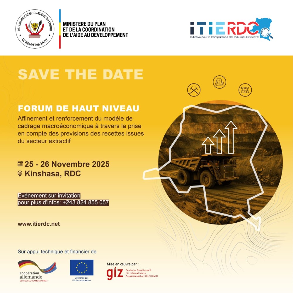 giz_drcongo's tweet photo. 📅 SAVE THE DATE | 25–26 nov. 2025 – Kinshasa
⚙️Forum de haut niveau sur la modélisation des recettes minières & le cadrage macroéconomique.
💡 Pour une mobilisation efficace et transparente des revenus du #SecteurMinier🇨🇩
#GIZ #DISM #CPCM #ITIERDC #FMI #UE #BMZ #BonneGouvernance https://t.co/6PescUffMM
