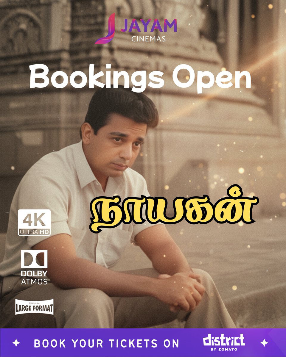 JayamCinemas's tweet photo. “Not every man fights for justice. The real man does.”
Book your seats now for Nayakan — Meet The Real OG
#Nayakan #TheRealMan #TheRealOG #KamalHaasan #ManiRatnam #TamilCinema #ClassicReborn #IconicLegend #VeluNaicker #JusticeLives #MustWatch #IndianCinema #BookNow https://t.co/NXNM2J5MGM