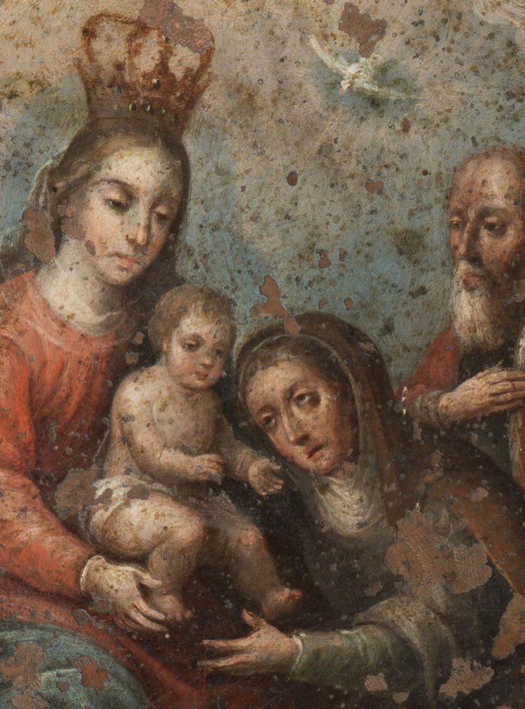 De los 400 € a los 14.500 € sube en París está colorida y delicada miniatura de ESCUELA MEXICANA hacia 1650, Escena devocional ante el Niño Jesús; óleo sobre plancha de cobre, con Escudo en el reverso  (9 x 12 cms)