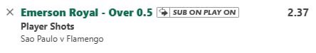 TipsterCharlie's tweet image. São Paulo Vs Flamengo 

🇧🇷 Brazil Serie A 

Emerson Royal O0.5 Shots @ 2.37 (0.5u)
