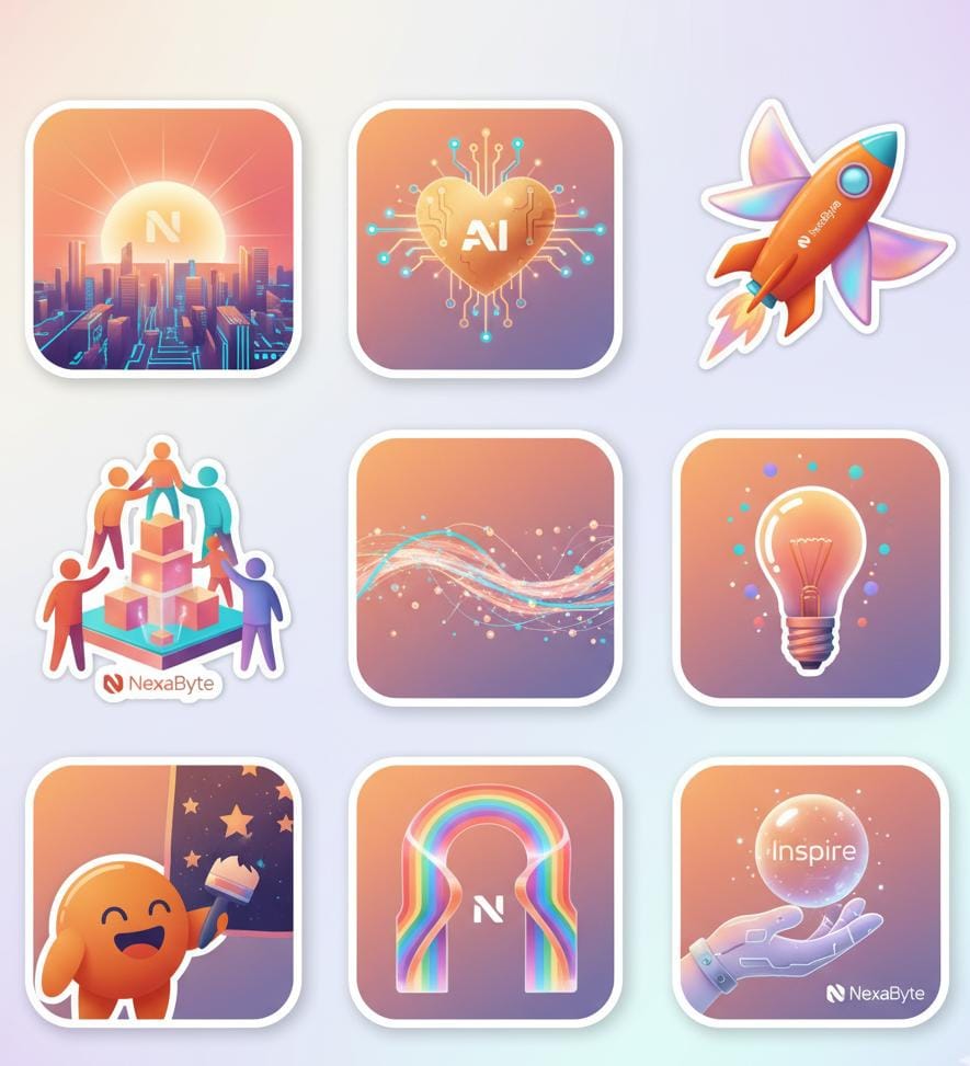 NextGenAI_0's tweet image. 🌅 Inspiration meets creation.  
Every sticker in this 3x3 grid tells a story of innovation, unity, and passion 💫  

Created for the @NexaByteAI Sticker Contest —  
because every byte carries a spark of creativity. ⚡
#nexabyteAi
#Web3Art #StickerDesign #NexaByte