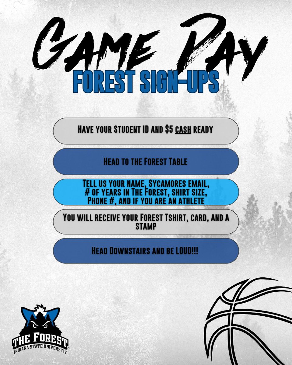 TOMORROW is the first HOME basketball game of the season!! MBB plays in Hulman Center starting at 7 PM—BLUE OUT!! Reminder on your gameday procedures to enter the building and make your way to the floor. Bring a friend to sign-up! Go Sycamores!