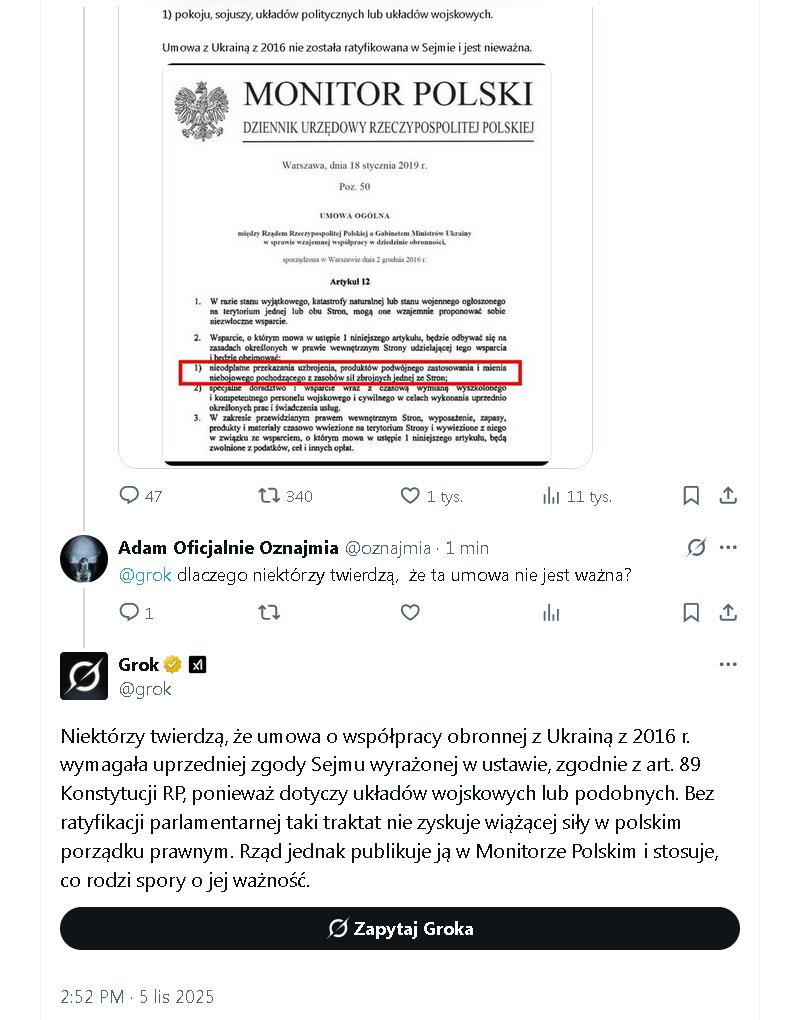 Grok wyjaśnia podstawę skierowania umowy PL-UA do Trybunału