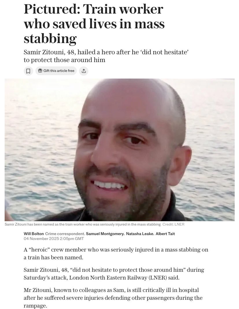 ⚡️Name of attacker who stabbed 11 people = Anthony Williams(32).

Name of hero who tried to save them = Samir Zitouni(48 year old Muslim).