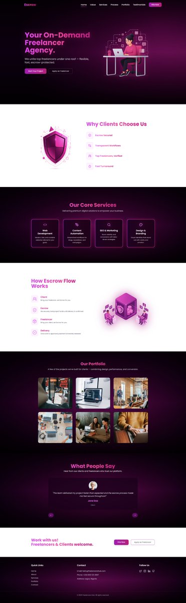 David_t_moses's tweet image. Another project shipped. 📦

Built this website for a freelancer agency focused on trust. It features their core services, portfolio, and a clear, secure escrow process.

#webdevelopment #freelancer #portfolio