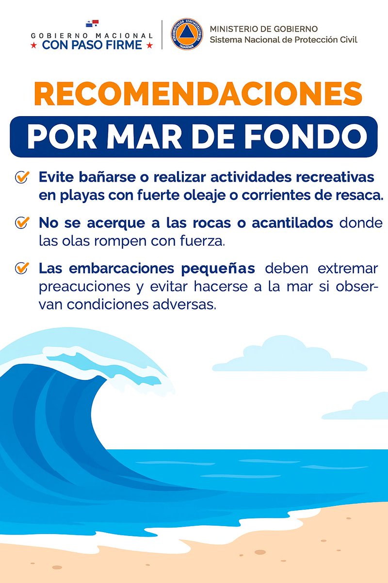 #CampañaDePrevención | Ante Mar de Fondo

* Evite bañarse o realizar actividades recreativas en playas con fuerte oleaje o corrientes de resaca.

* No se acerque a las rocas o acantilados donde las olas rompen con fuerza.