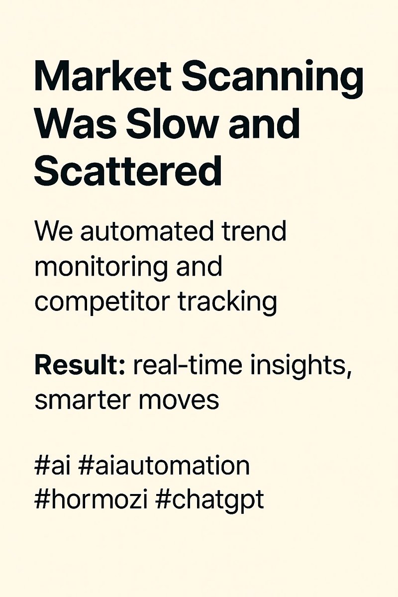 moh_ave's tweet image. Market scanning was slow and scattered. We automated trend monitoring and competitor tracking. Result: real-time insights, smarter moves. #ai #aiautomation #hormozi #chatgpt
