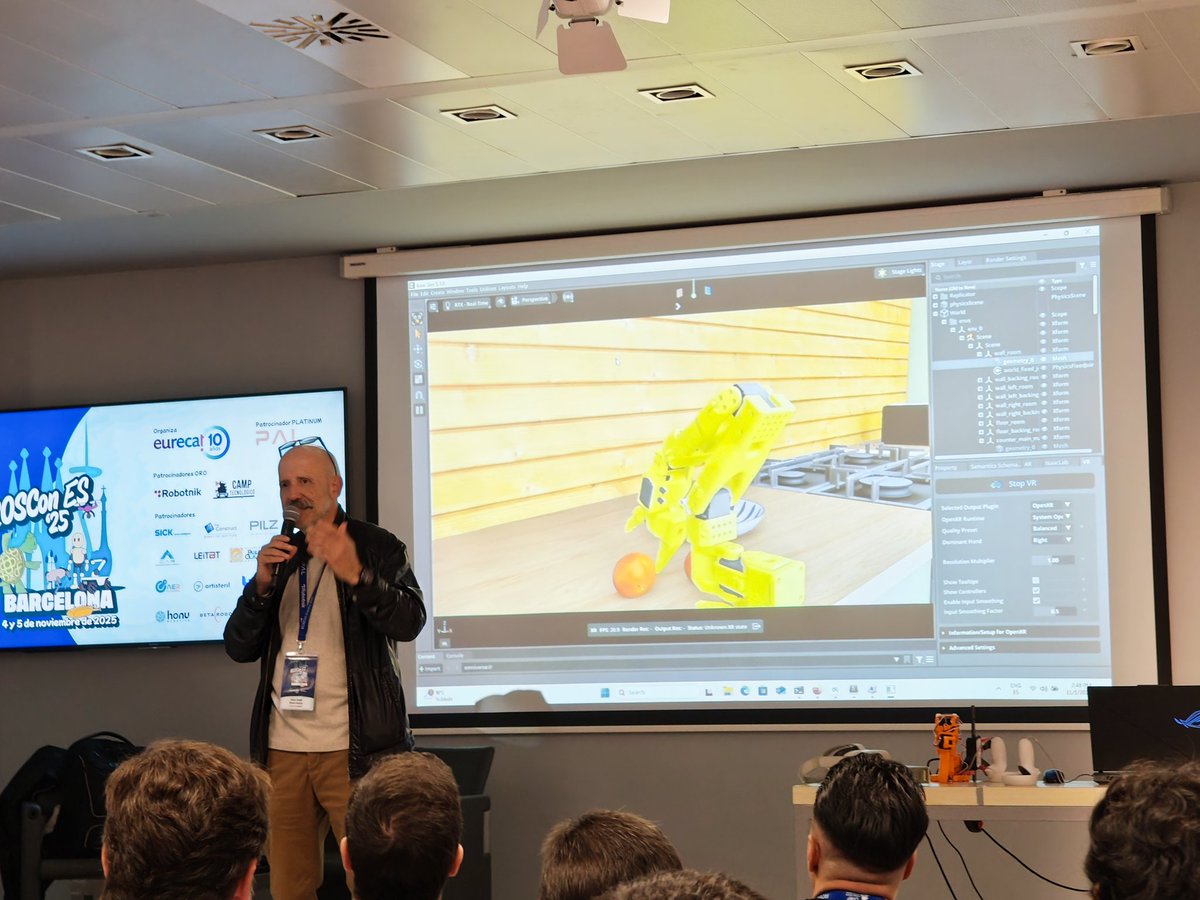 rosconspain's tweet image. 🎮 @CampTecnologico nos sorprende junto a @NVIDIAGeForceES con una demo espectacular en #ROSConES2025 🤖

Combinan Realidad Virtual y aprendizaje por demostración, integrando el mundo físico y la simulación para entrenar robots de forma más intuitiva y eficaz. 🌍✨