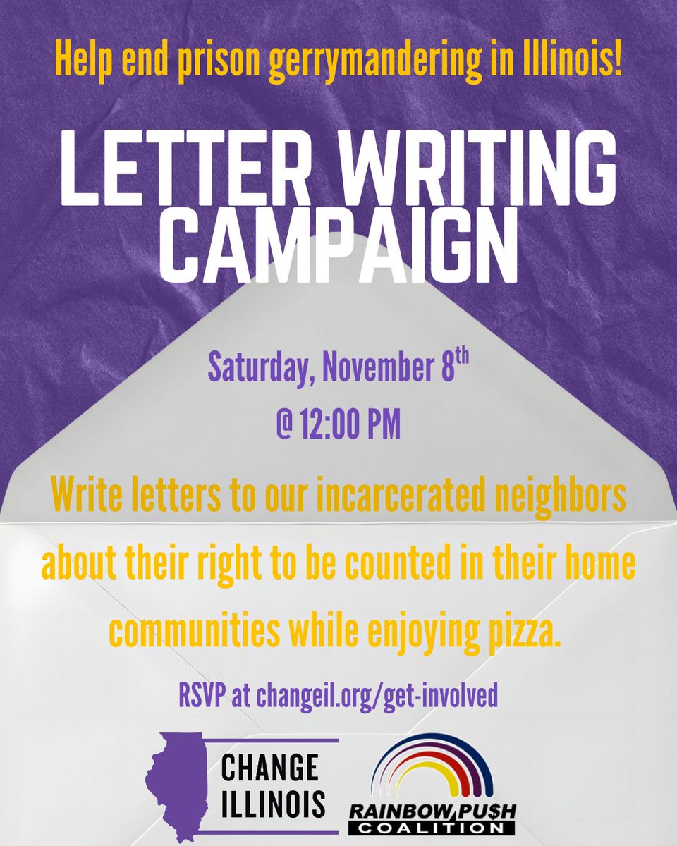 Put a stop to prison gerrymandering in Illinois! Join us in writing letters to our incarcerated neighbors to inform them of their right to restore their representation. Register on our Get Involved page.