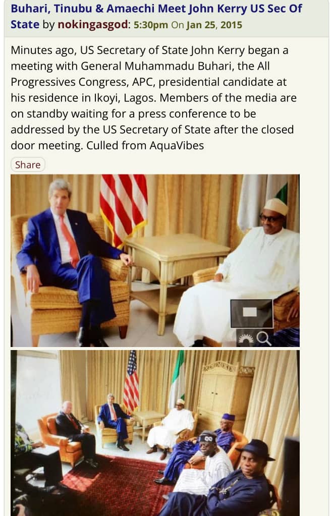 ADEYINKAADEBAN8's tweet photo. That picture they’re circulating of APC leaders supposedly visiting John Kerry in the US in 2014 isn’t accurate. The meeting actually took place in Ikoyi, Lagos, where John Kerry met PMB as the opposition candidate. He also met GEJ in Marina, Lagos. 
https://t.co/3qL2UoFS5H… https://t.co/hUlDDlZd1Q