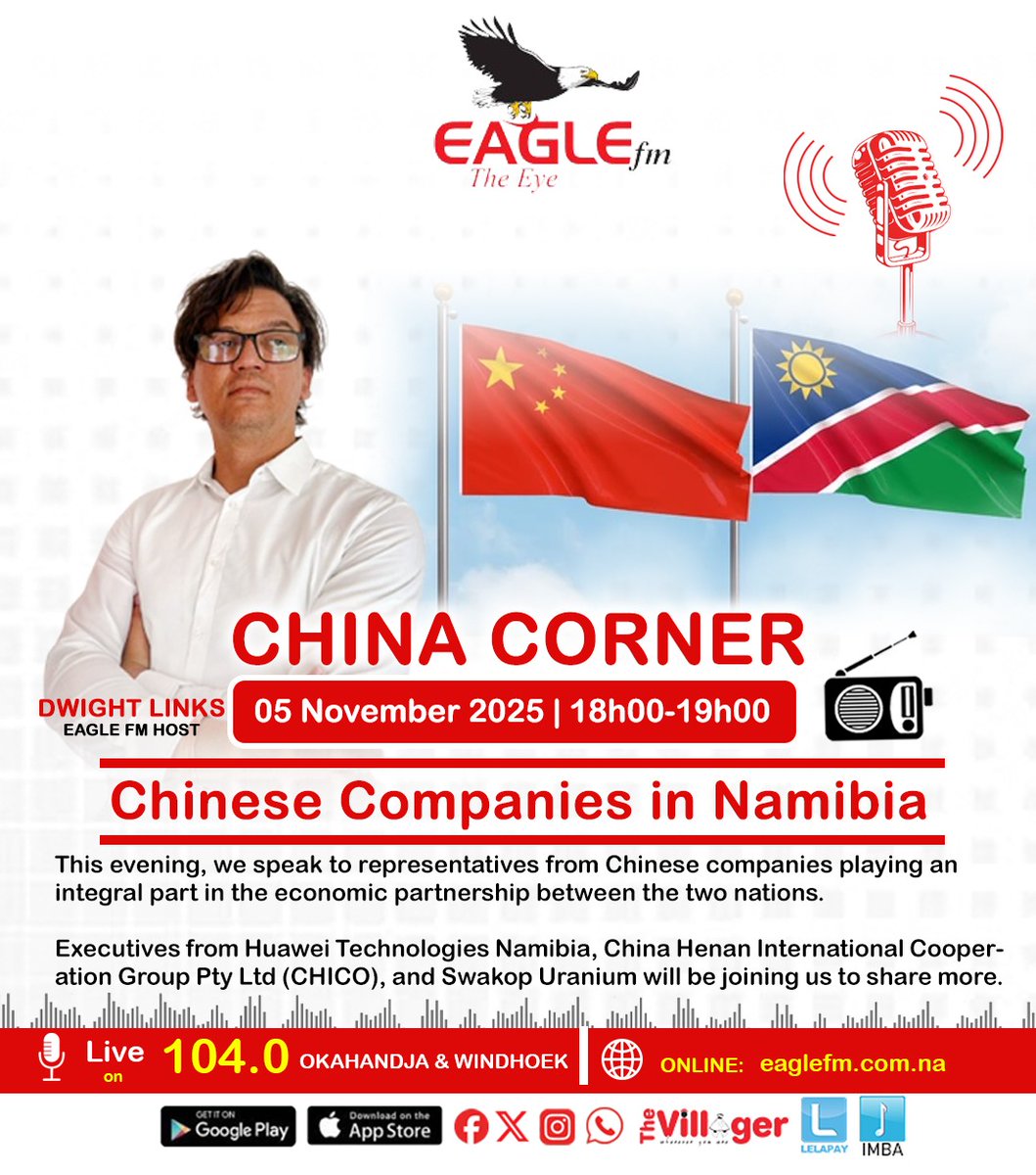 ChinaEmbNamibia's tweet image. The third episode of “China Corner” on Eagle FM tonight at 18h00! Huawei, CHICO and Swakop Uranium will share vivid stories about China-Namibia win-win cooperation.