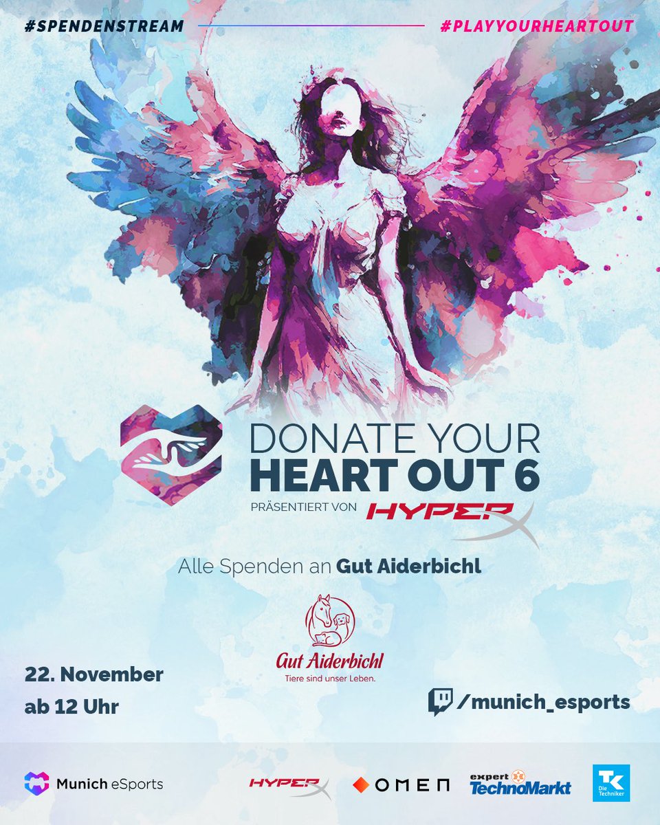 munich_esports's tweet photo. Donate Your Heart Out geht in die 6. Runde 🥳

Dieses Jahr senden wir live aus der Gamerei und sammeln Spenden für das Gut Aiderbichl Iffeldorf 🐮

📆 22.11.25 
⏰ 12 - 24 Uhr
📺 ttv/munich_esports

Wir freuen uns, euch wieder 12 Stunden lang mit tollem Programm unterhalten zu dürfen und den einen oder anderen Special Guest begrüßen zu dürfen 🌟

#playyourheartout #donateyourheartout #dyho6
