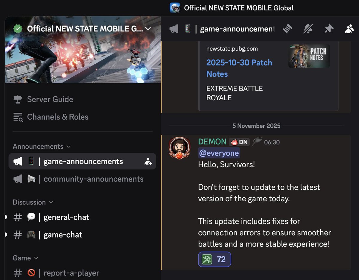 Hello <a href="/NEWSTATEMOBILE/">NEW STATE MOBILE</a> Survivors!

Don’t forget to update to the latest version of the game today.  

This update includes fixes for connection errors to ensure smoother battles and a more stable experience!🔥🔥🔥

<a href="/STATEXiaoGu/">STATE小顾Zzz</a> <a href="/EscapingKid/">Gab</a> <a href="/m8pel/">‏ٰ</a>

#NewStateMobile #Update