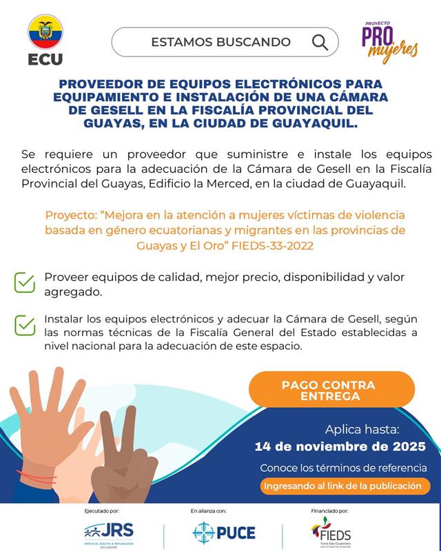 📢#Convocatoria 🇪🇨 | Contratación de un/a proveedor/a de equipos electrónicos para equipamiento e instalación de una cámara de Gesell.
🗒️Revisa los Términos de Referencia: acortar.link/YoucLK
⏰Envío de postulaciones hasta: viernes 14 de noviembre, 17H00.