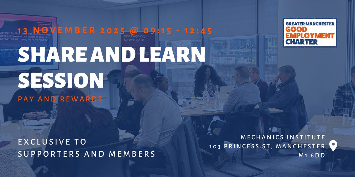 💡 Share and Learn: Pay and Rewards

Join us on Wednesday 13th November for our next Share and Learn Session, exclusive to Charter Supporters and Members.

Register here:

ow.ly/xWR650Xn3Xe

#GoodEmployment #FairPay #GreaterManchester #PeopleAndCulture