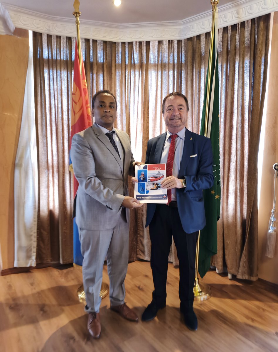 ERIEMBAET's tweet image. We held constructive discussions today on bilateral &amp;amp; multilateral issues of mutual concern with H.E. Amb. Rodrigo Guzman Barros, Ambassador of Chile, who sought Eritrea’s support for Chile&apos;s candidature for membership of the Council of International Maritime Organization (IMO).