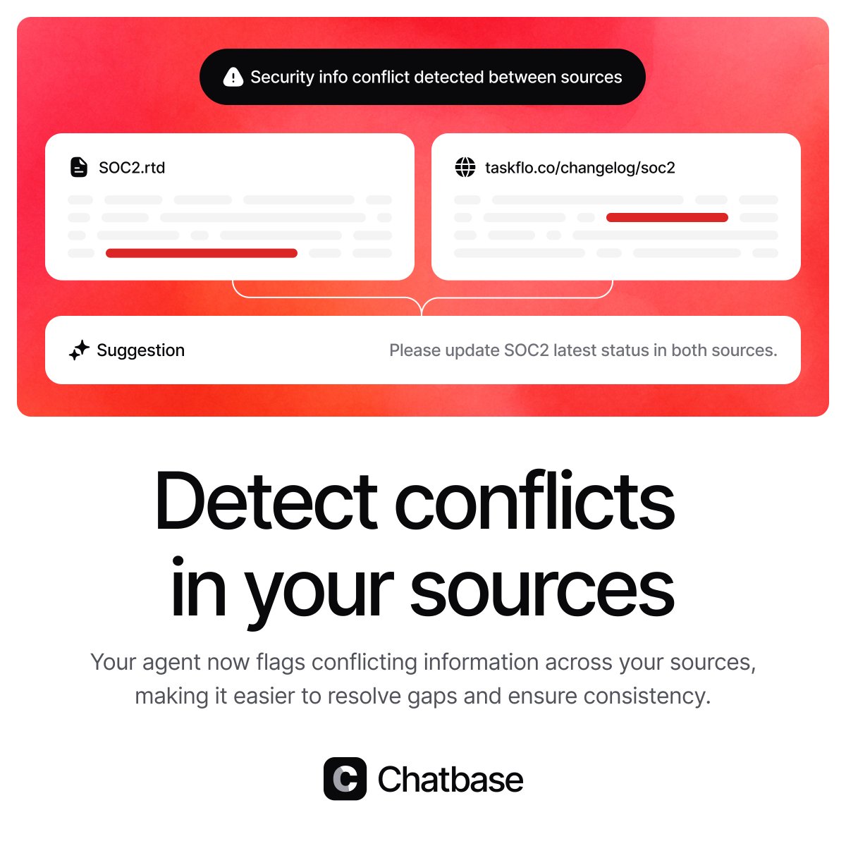 chatbase's tweet image. Your Chatbase agent can now spot and flag conflicting info across your sources, helping you keep responses accurate and consistent.