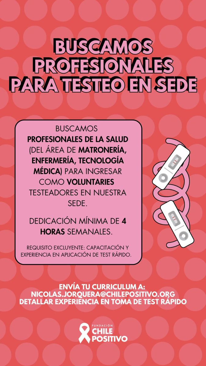 Buscamos profesionales de la salud (matronería, enfermería, tecnología médica) para trabajo voluntario en Fundación Chile Positivo en nuestra sede en Providencia.

Excluyente: contar con capacitación y experiencia en aplicación de test rápido de #VIH