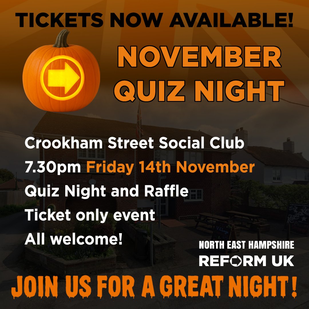 Fancy a fun night out with good company, a few drinks and some fab prizes? Grab your tickets now for our Quiz Night and Raffle on Friday 14th November. Look forward to seeing you there!

join.reformparty.uk/north-east-ham…