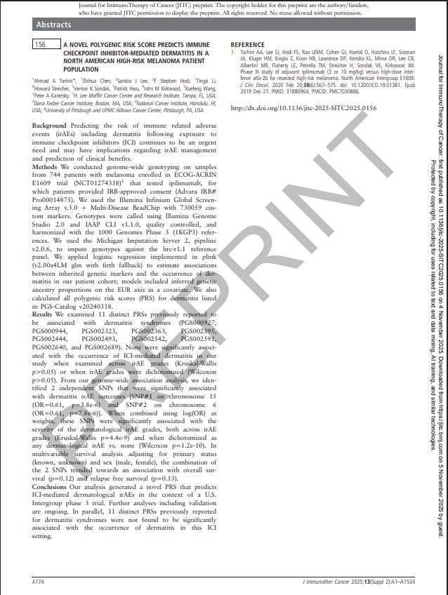 #SITC25 Abstracts Released | Among ours: A Novel #PolygenicRiskScore Predicts #ImmuneCheckpoint Inhibitor Mediated #Dermatitis in a North American #Melanoma Patient Population | #ImmunoOncology #irAEs ⁦<a href="/sitcancer/">Society for Immunotherapy of Cancer</a>⁩ <a href="/eaonc/">ECOG-ACRIN Cancer Research Group</a> <a href="/theNCI/">National Cancer Institute</a> <a href="/MoffittNews/">Moffitt Cancer Center</a>
 
sitcancer.org/2025/abstracts…
