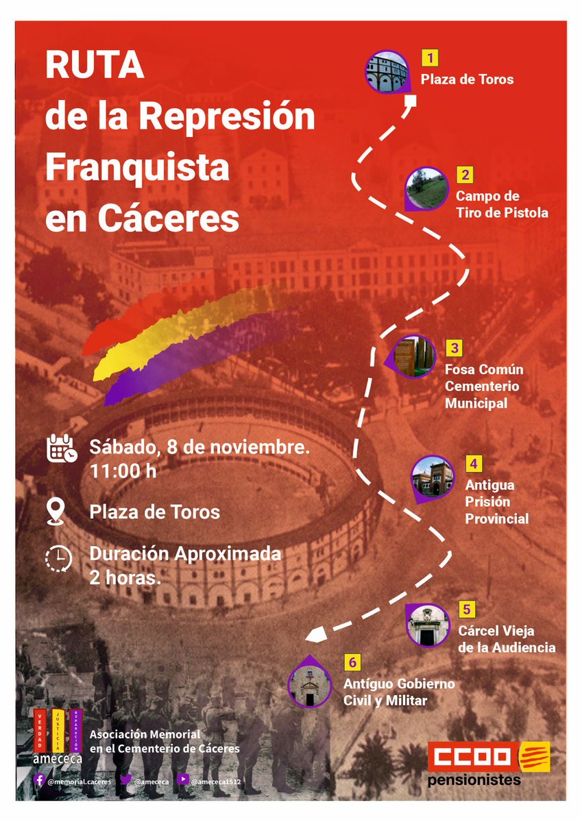 📢 Ruta de la Represión Franquista en Cáceres

🗓 8 NOV | 🕚 11:00 h | 📍 Plaza de Toros
Recorrido por lugares clave de la memoria histórica.

Duración: 2 h

✅ Organiza AMECECA para CC.OO de Pensionistas de Catalunya

#MemoriaHistórica #Cáceres #RutaHistórica