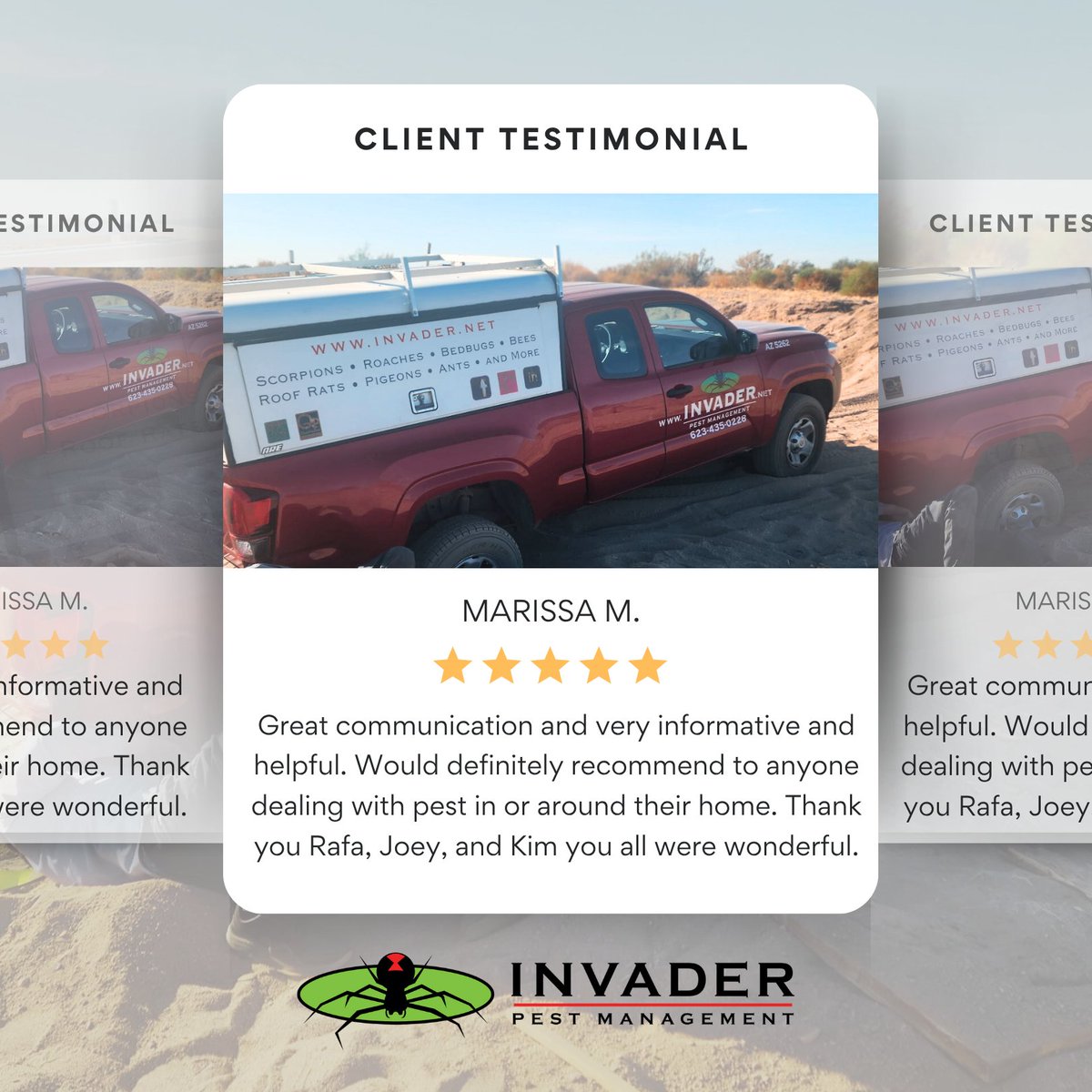 pestcontrolphx's tweet image. Another Arizona homeowner, pest-free and happy! 🌵🪳

Big thanks to Marissa for the kind words and to our amazing team, Rafa, Joey, and Kim, for always going above and beyond. 💪

#InvaderPestManagement #ArizonaLocal #PestControlExperts #CustomerLove #Googlreview #PhoenixArizona
