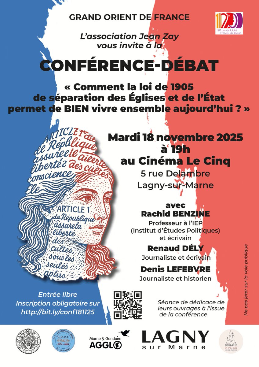 Comment la loi de 1905 de séparation des Églises et de l’État permet de BIEN vivre ensemble aujourd’hui ?
Conférence-débat organisée par l'association Jean Zay mardi 18 novembre 2025 à 19h à Lagny-sur-Marne.
➡️ Informations et inscriptions : godf.org/cL1905-1811