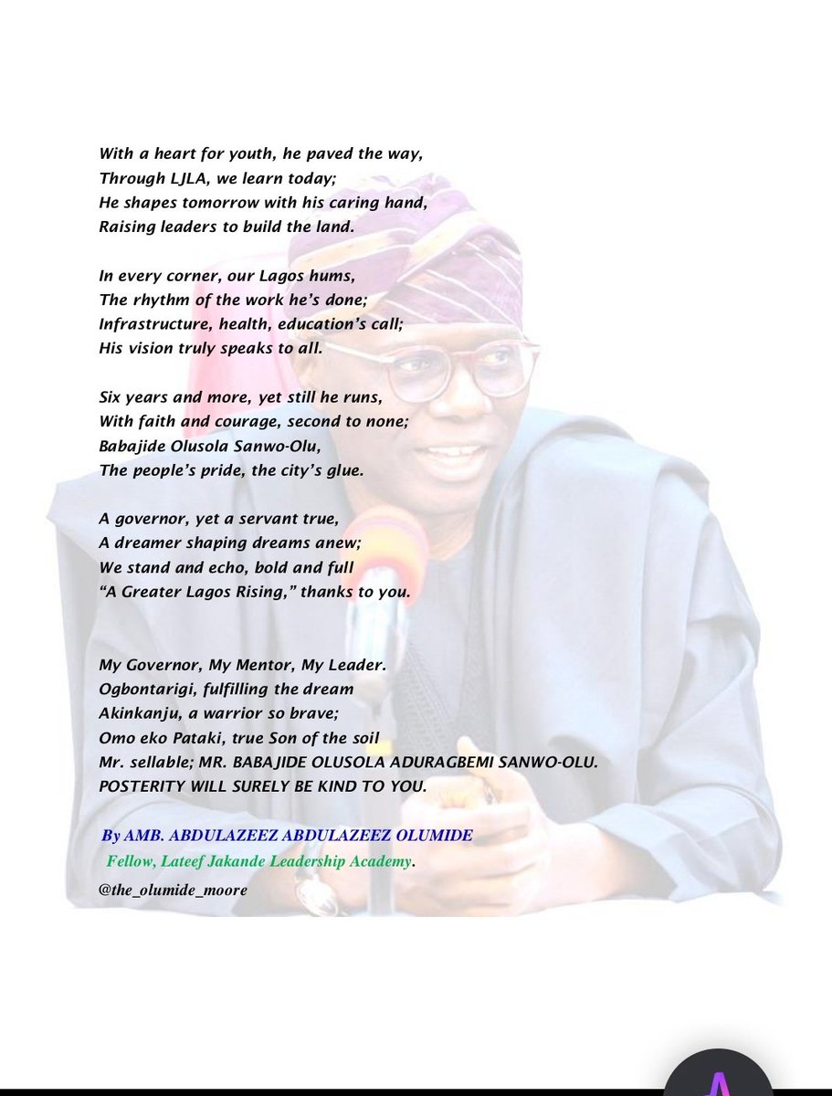 From THEMES to THEMES +, 
Gov Babajide Sanwo-Olu <a href="/jidesanwoolu/">Babajide Sanwo-Olu</a> has redefined leadership through service, vision, and inclusion.
This poem is my tribute to a man whose work continues to shape a Greater Lagos, and whose mentorship inspires emerging leaders like myself.
<a href="/Mr_JAGs/">Jubril A. Gawat</a>