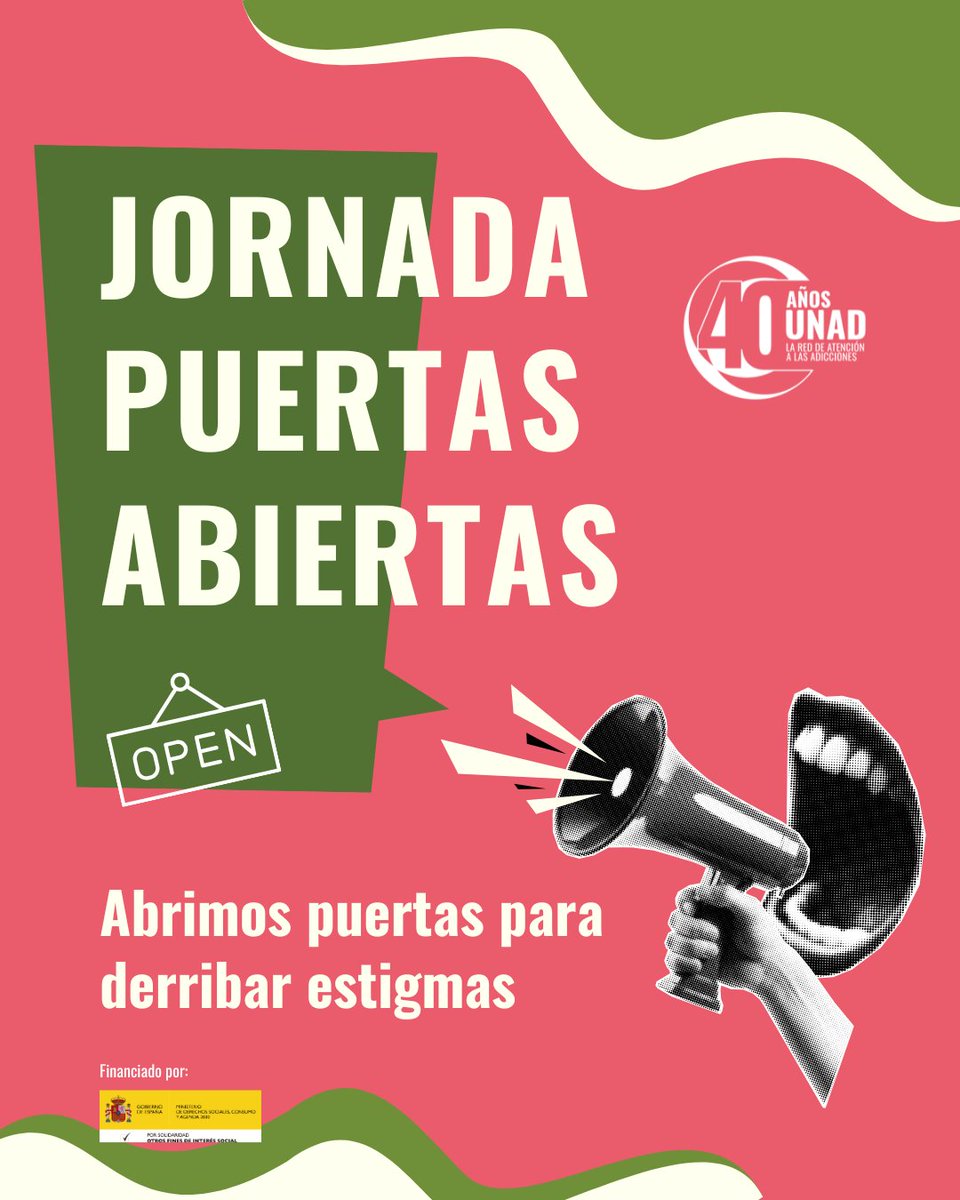 🚪 El 14 de noviembre las entidades de #UNAD celebran la Jornada de Puertas Abiertas bajo el lema “Abriendo puertas para derribar estigmas”.
Una cita simultánea en distintas comunidades para visibilizar la realidad de las adicciones y el trabajo del movimiento asociativo 💙